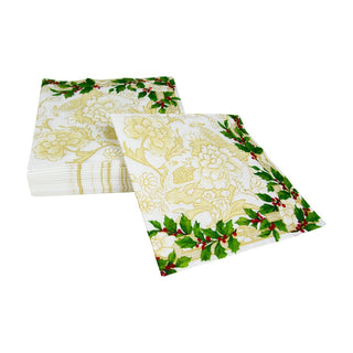 Caspari Holly Ceramic Ivory & Gold Luncheon Napkins - 20 Per Package 18090L