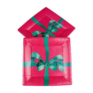 Caspari Tied With A Bow Red/Spruce  Sq Salad/Dessert Plates Square 18110SP
