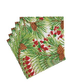 Caspari Evergreen and Berries White Cocktail Napkins - includes 20 Cocktail Napkins 18620C
