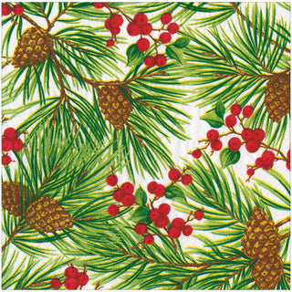 Caspari Evergreen And Berries White Dinner Napkins - includes 20 Dinner Napkins 18620D