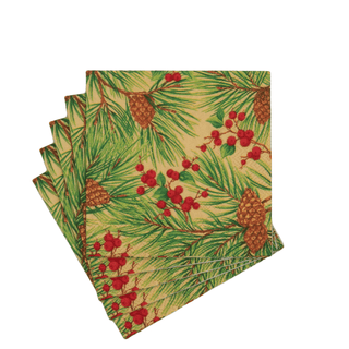 Caspari Evergreen and Berries Gold Cocktail Napkins - includes 20 Cocktail Napkins 18621C