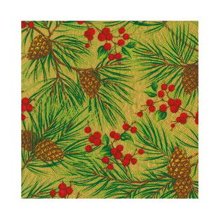 Caspari Evergreen And Berries Gold Luncheon Napkins - includes 20 Luncheon Napkins 18621L