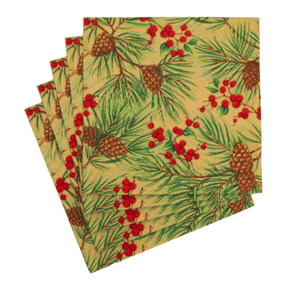 Caspari Evergreen And Berries Gold Luncheon Napkins - includes 20 Luncheon Napkins 18621L
