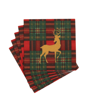 Caspari Reindeer Tartan Red Cocktail Napkins - includes 20 Cocktail Napkins 18630C