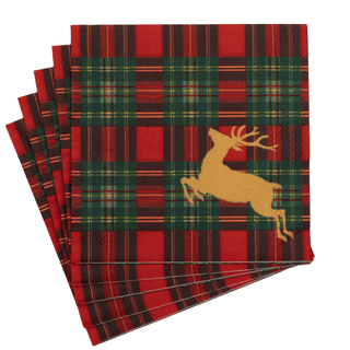 Caspari Reindeer Tartan Red Dinner Napkins - includes 20 Dinner Napkins 18630D