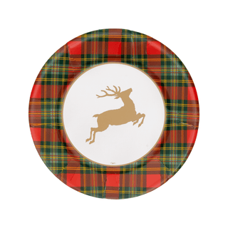 Caspari Reindeer Tartan Red Paper Dinner Plates - includes 8 Paper Dinner Plates 18630DP