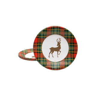 Caspari Reindeer Tartan Red Paper Salad & Dessert Plates - includes 8 Paper Salad & Dessert Plates 18630SP