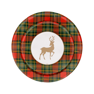 Caspari Reindeer Tartan Red Paper Salad & Dessert Plates - includes 8 Paper Salad & Dessert Plates 18630SP