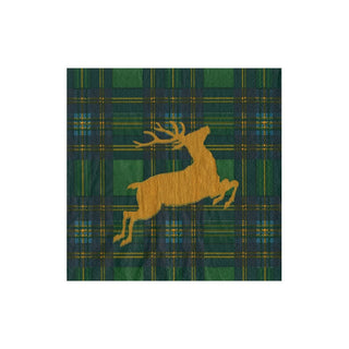 Caspari Reindeer Tartan Green Boxed Cocktail Napkins - includes 12 Boxed Cocktail Napkins 18631B