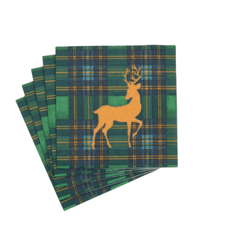 Caspari Reindeer Tartan Green Cocktail Napkins - includes 20 Cocktail Napkins 18631C