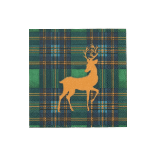 Caspari Reindeer Tartan Green Cocktail Napkins - includes 20 Cocktail Napkins 18631C
