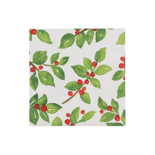 Caspari Painted Holly White Recycled Cocktail Napkins - includes 20 Cocktail Napkins 18650EC