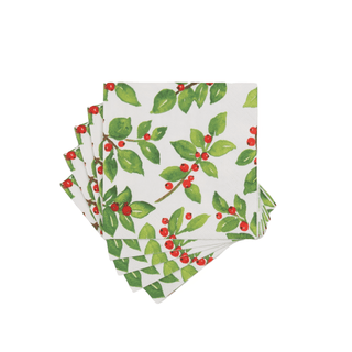 Caspari Painted Holly White Recycled Cocktail Napkins - includes 20 Cocktail Napkins 18650EC