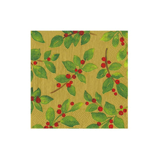 Caspari Painted Holly Gold Cocktail Napkins - includes 12 Cocktail Napkins 18651EC