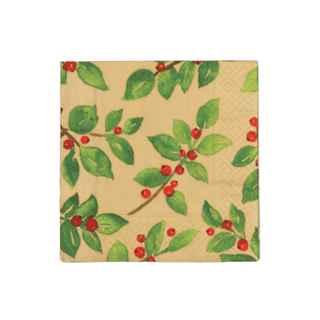 Caspari Painted Holly Gold Recycled Cocktail Napkins - includes 20 Cocktail Napkins 18651EC