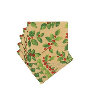 Caspari Painted Holly Gold Recycled Cocktail Napkins - includes 20 Cocktail Napkins 18651EC