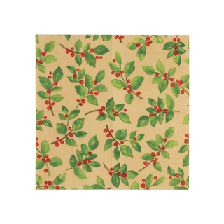 Caspari Painted Holly Gold Recycled Cocktail Napkins - includes 20 Cocktail Napkins 18651EC