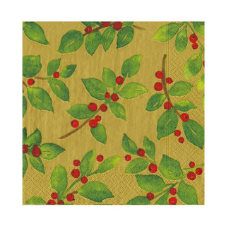 Caspari Painted Holly Gold Luncheon Napkins - includes 20 Luncheon Napkins 18651EL