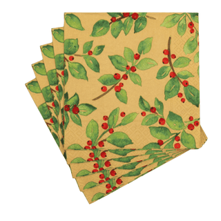 Caspari Painted Holly Gold Recycled Luncheon Napkins - includes 20 Luncheon Napkins 18651EL