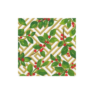 Caspari Holly And Fretwork White Boxed Cocktail Napkins - includes 12 Boxed Cocktail Napkins 18660B
