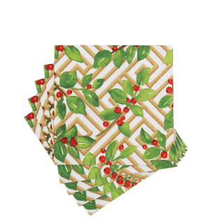 Caspari Holly and Fretwork White Cocktail Napkins - includes 20 Cocktail Napkins 18660C