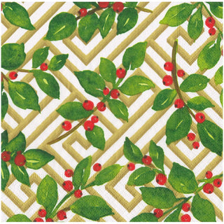 Caspari Holly And Fretwork White Dinner Napkins - includes 20 Dinner Napkins 18660D