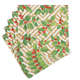 Caspari Holly And Fretwork White Dinner Napkins - includes 20 Dinner Napkins 18660D
