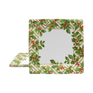 Caspari Holly And Fretwork White Square Paper Dinner Plates - includes 8 Paper Dinner Plates 18660DP