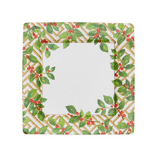 Caspari Holly And Fretwork White Square Paper Dinner Plates - includes 8 Paper Dinner Plates 18660DP