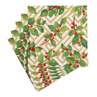 Caspari Holly And Fretwork White Luncheon Napkins - includes 20 Luncheon Napkins 18660L