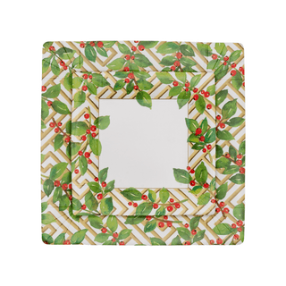 Caspari Holly And Fretwork White Square Paper Salad & Dessert Plates - includes 8 Paper Salad & Dessert Plates 18660SP