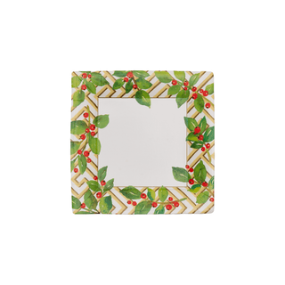 Caspari Holly And Fretwork White Square Paper Salad & Dessert Plates - includes 8 Paper Salad & Dessert Plates 18660SP