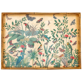 Caspari Golden Aviary Bamboo Edge Large Lacquer Rectangle Tray 18920LQLGBAM