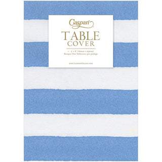 Caspari Cafe Stripe Blue Printed Paper Linen Table Cover 5.2' x 8.2' - includes 1 Table Cover 19042TCL