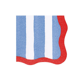 Caspari Cafe Stripe Scallop Blue/Red Paper Linen Die Cut Napkin - 15 per package 19050CGDC