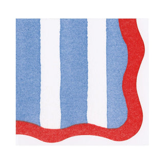 Caspari Cafe Stripe Scallop Blue/Red Paper Linen Die Cut Napkin - 15 per package 19050LGDC