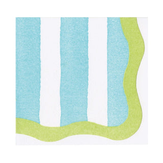 Caspari Cafe Stripe Scallop Aqua/Lime Paper Linen Die Cut Napkin - 15 per package 19051CGDC