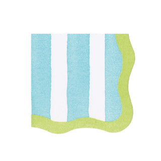 Caspari Cafe Stripe Scallop Aqua/Lime Paper Linen Die Cut Napkin - 15 per package 19051CGDC