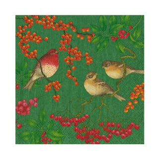 Caspari Birds And Berries Green Napkin Luncheon 19211L