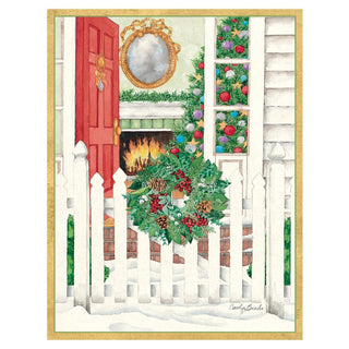 Caspari Open Door & Wreath on Gate Large Boxed Christmas Cards - 16 Cards & 16 Envelopes 80330