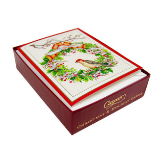 Caspari Wreath And Woodpecker Petite Boxed Christmas Cards - includes 15 cards & envelopes 88003