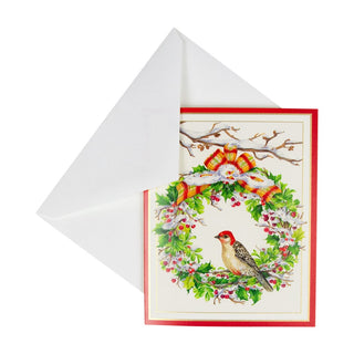 Caspari Wreath And Woodpecker Petite Boxed Christmas Cards - includes 15 cards & envelopes 88003