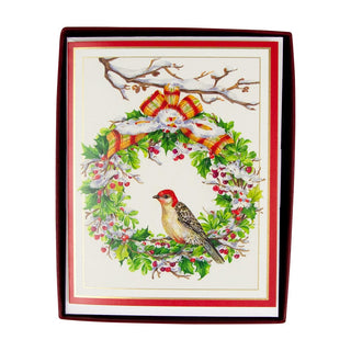 Caspari Wreath And Woodpecker Petite Boxed Christmas Cards - includes 15 cards & envelopes 88003
