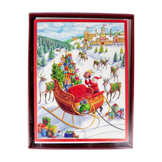 Caspari Santa's Sleigh Boxed Christmas Cards - 15 Christmas Cards & 15 Envelopes 88212