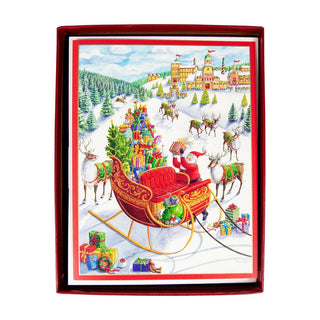 Caspari Santa's Sleigh Boxed Christmas Cards - 15 Christmas Cards & 15 Envelopes 88212