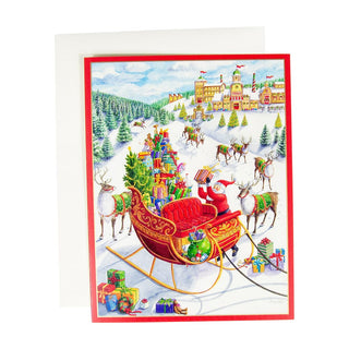 Caspari Santa's Sleigh Boxed Christmas Cards - 15 Christmas Cards & 15 Envelopes 88212