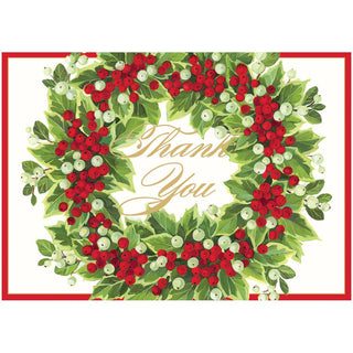 Caspari Holly And Berry Wreath Foil Thank You Notes Boxed 8 In-Foil 92627.44B