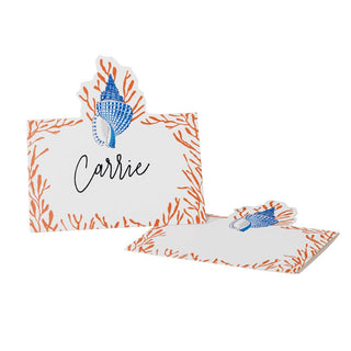 Caspari Shell Toile Place Cards in Coral & Blue- 8 Per Package 93900P