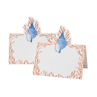 Caspari Shell Toile Place Cards in Coral & Blue- 8 Per Package 93900P