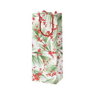 Caspari Berries And Pine White Bottle Bag 5 X 3 1/2 X 13 9783B4